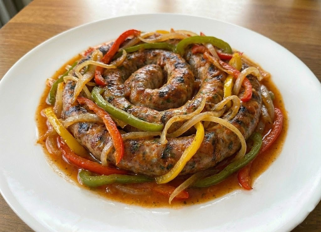 Grilled - Cheese and Parsley sausage wheel plated with delicate sliced peppers and onions.