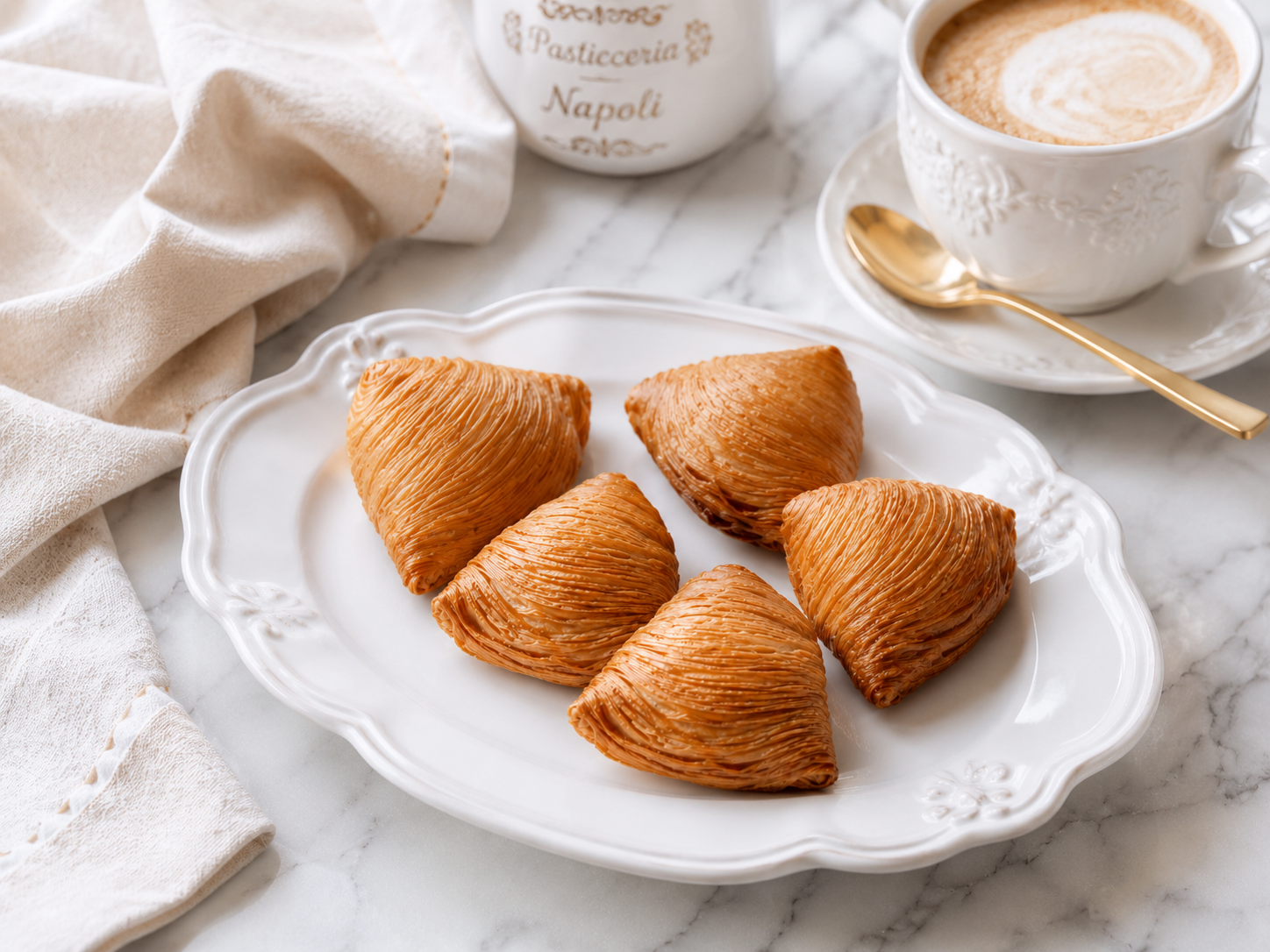 Neatly arranged traditional mini sfogliatelle in a white dish with coffee
