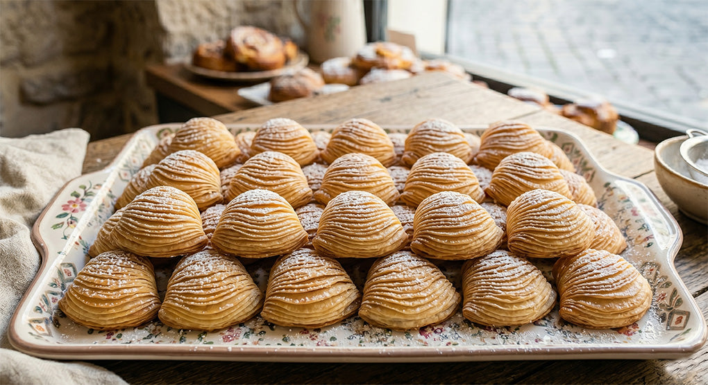 Tray of baked sfogliatelle on a wooden table with a blurred background