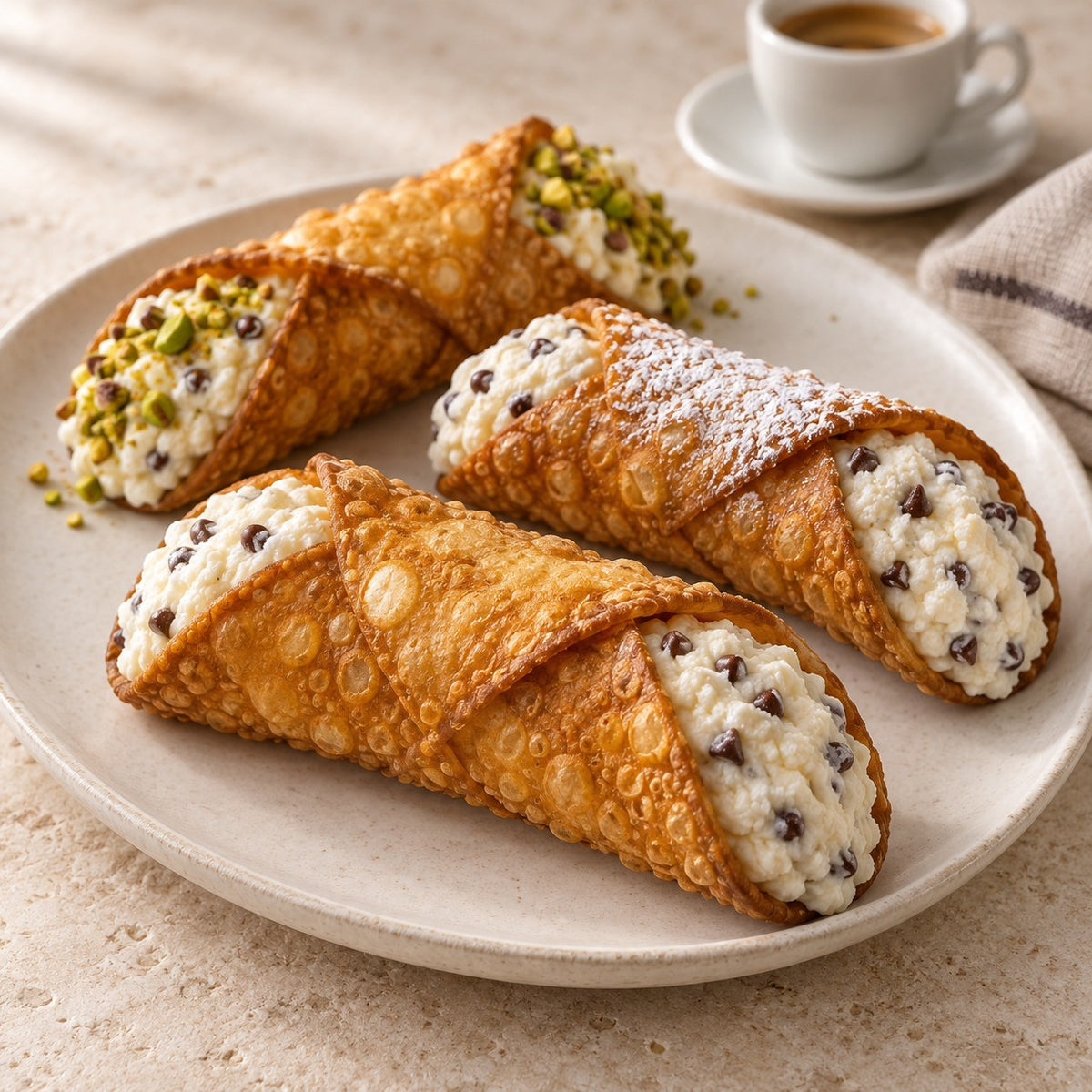 Large Sicilian cannoli filled with ricotta cream and chocolate chips on a ceramic platter
