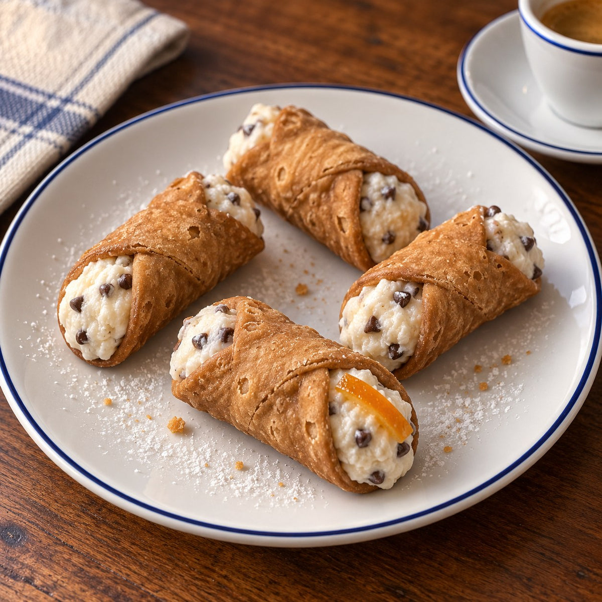 Mini Sicilian cannoli filled with ricotta cream and chocolate chips, with candied orange peel on one cannolo