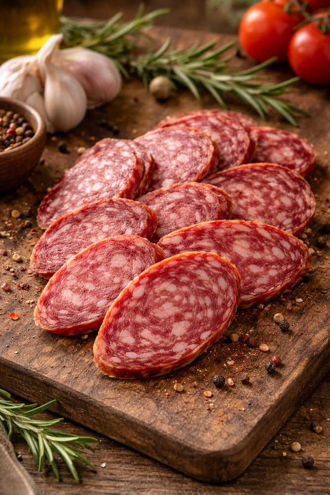 Sliced soppressata on a wooden cutting board with garlic, rosemary, and tomatoes in the background.