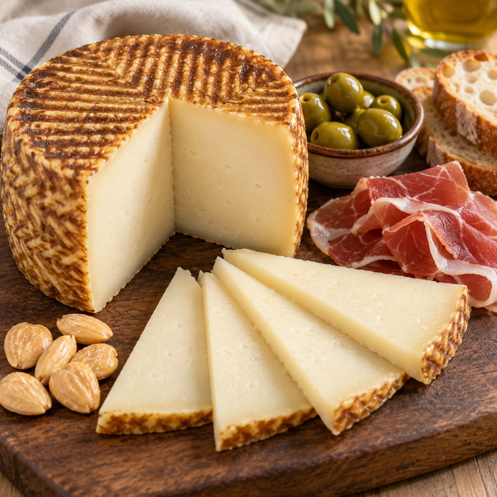 Three-month-aged Maese Miguel Manchego cheese with Serrano ham, green olives, Marcona almonds and crusty bread
