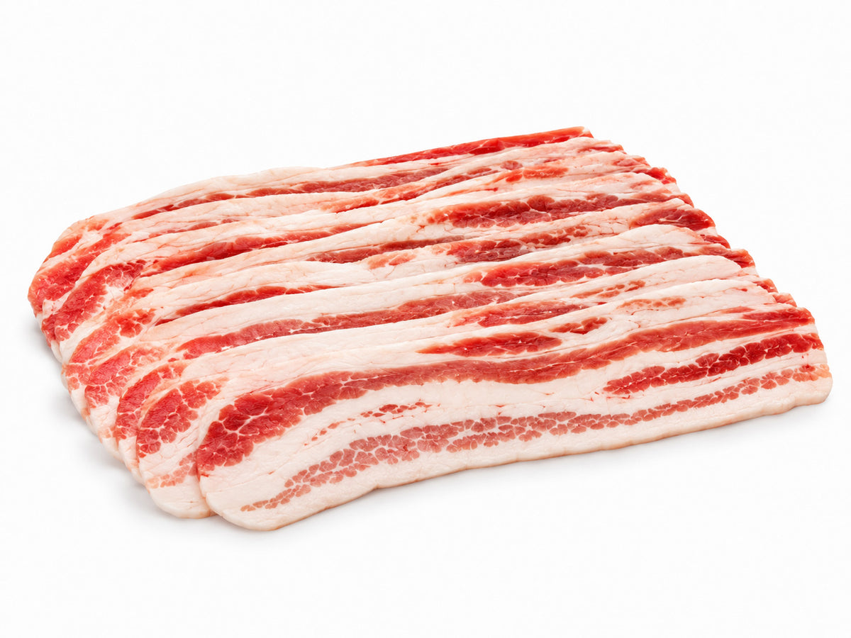 Fresh sliced pork belly strips with rich marbling for cooking and grilling