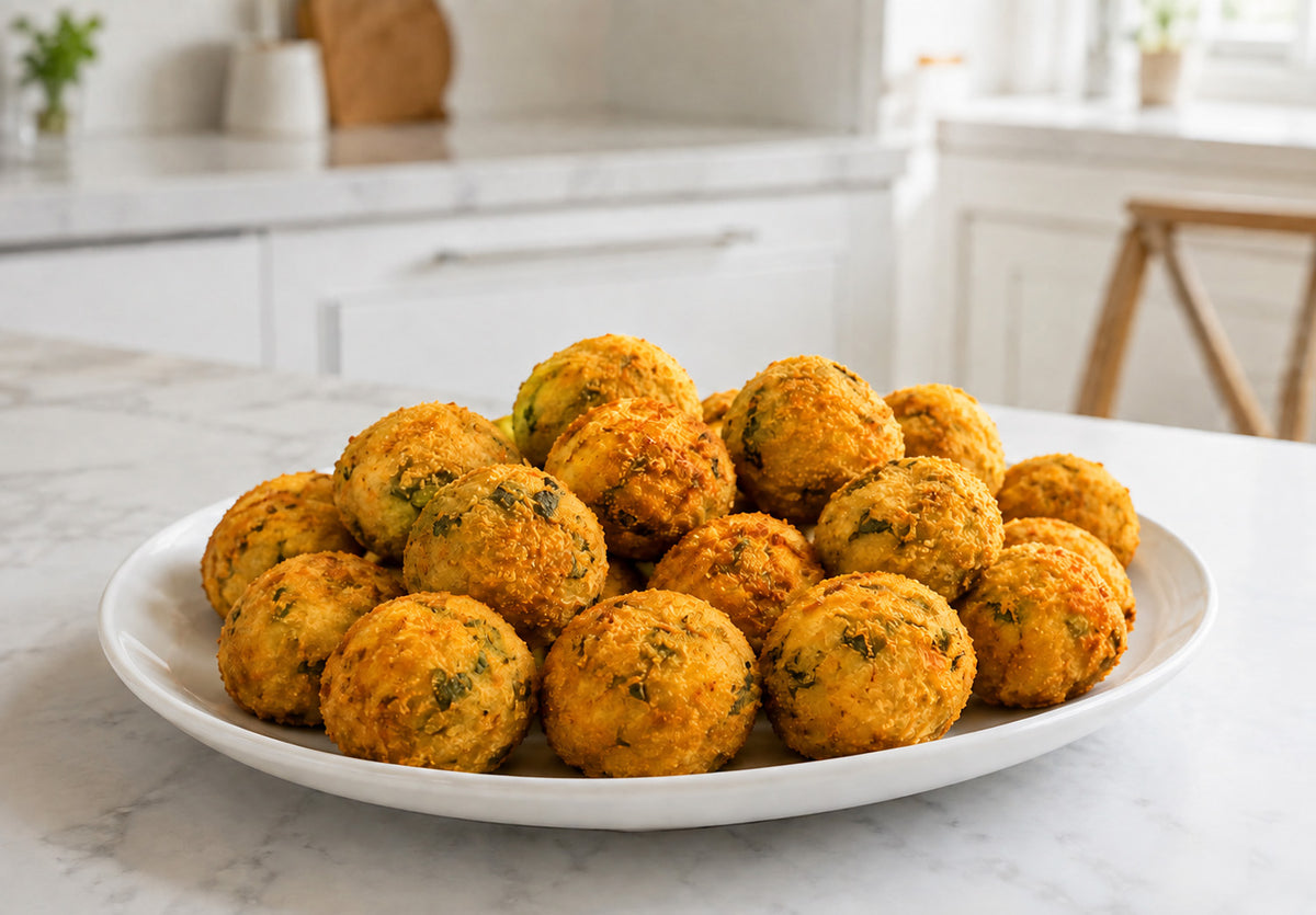 A white plate piled with golden-brown Spinach Rice Balls, showing a textured breadcrumb coating with flecks of green herbs, set on a light marble kitchen countertop with a blurred modern kitchen background.
