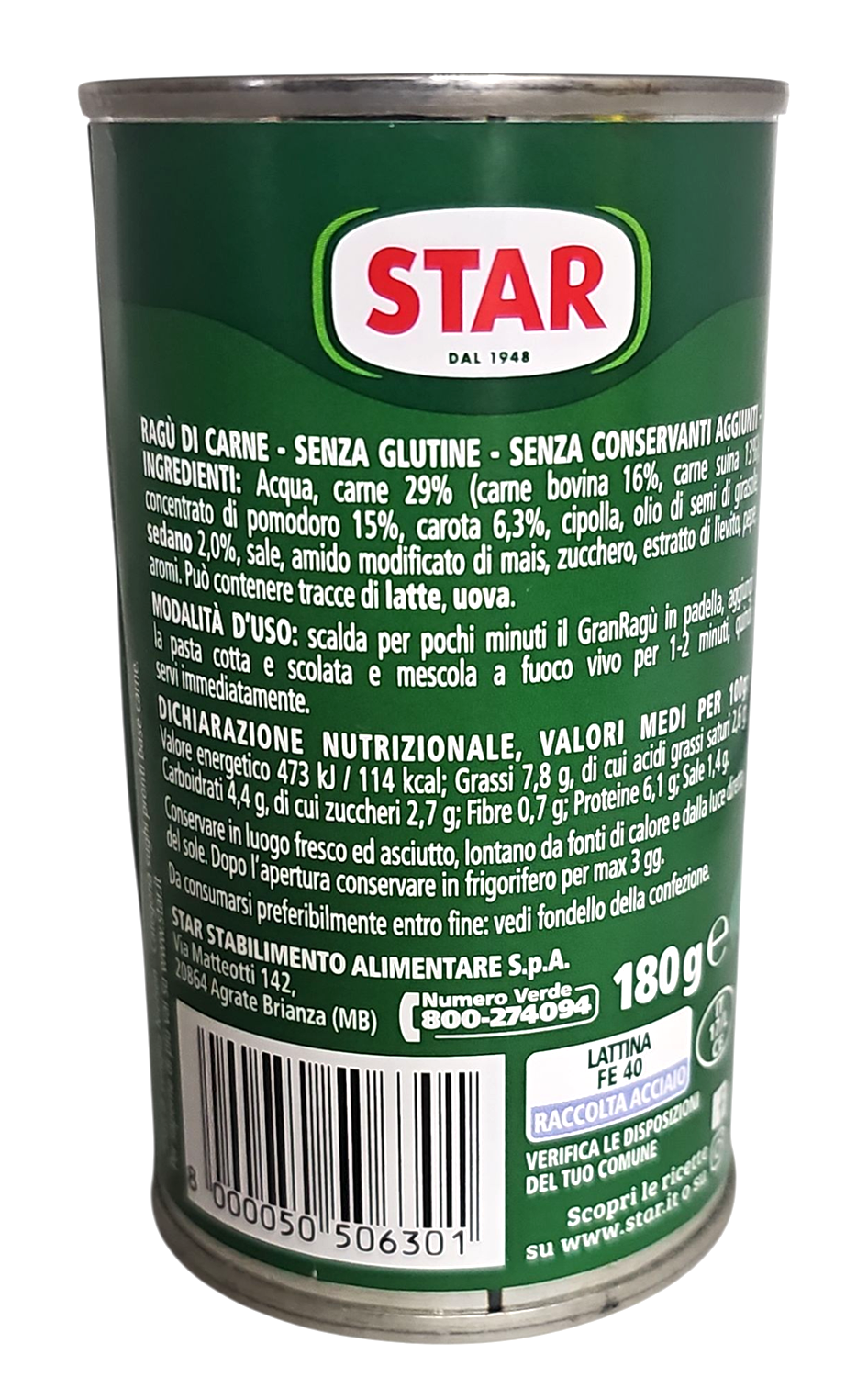 Nutritional information and ingredients list for Star Il Mio Gran Ragù Classico Italian meat sauce, from the back of the can.