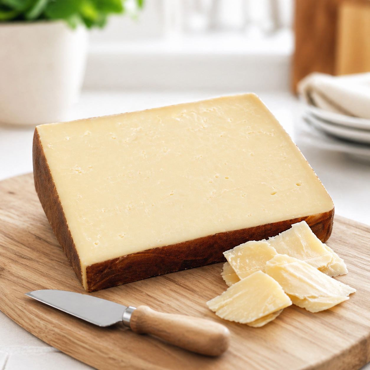 Block of Asiago on a wooden cutting board with a knife, in a kitchen setting.