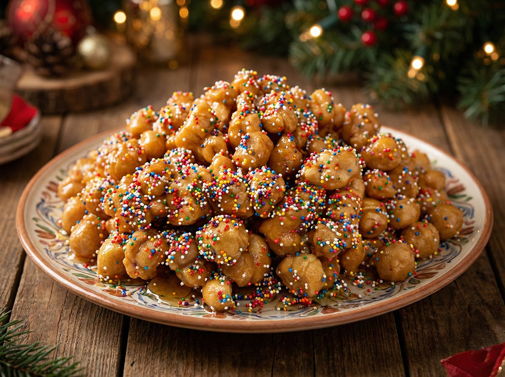 a dish of struffoli for Christmas 