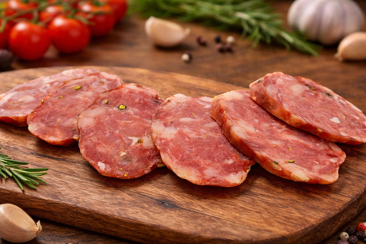 Sweet Soppressata on a wooden board with Herbs. Frank and Sal Brand 