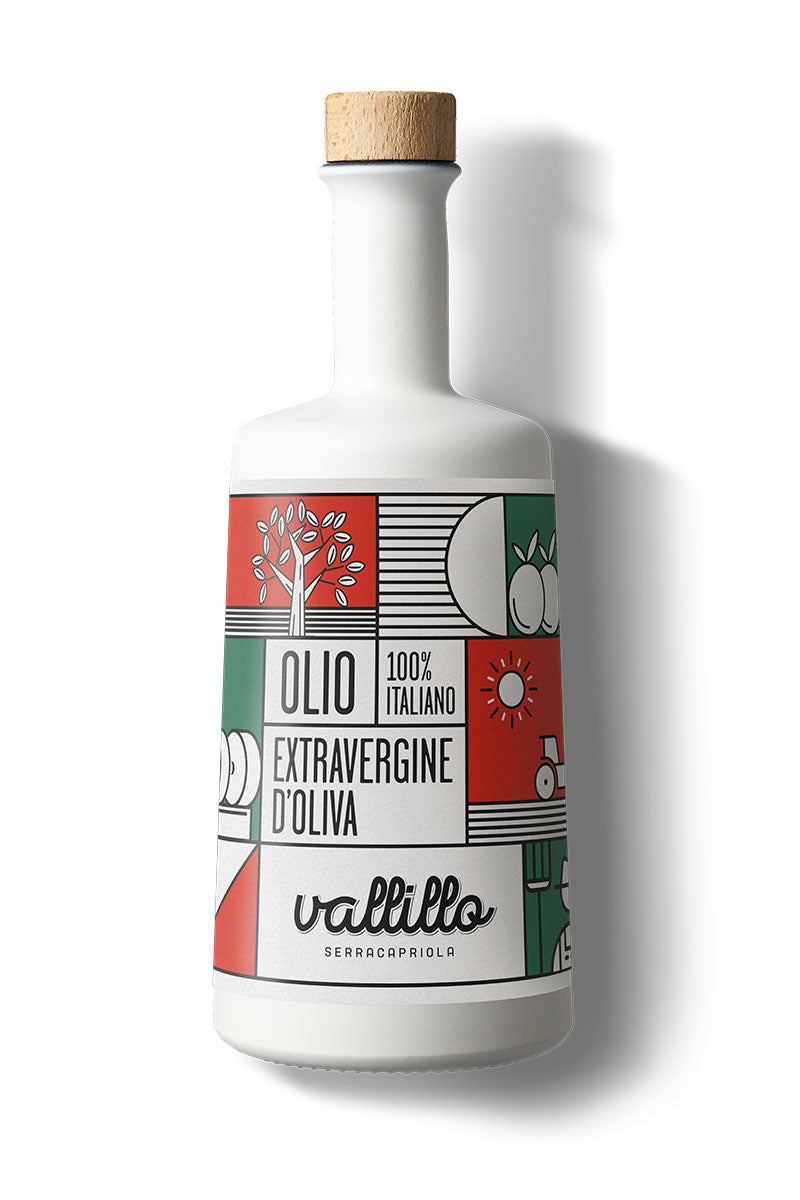 White Vallillo olive oil bottle with colorful label on a white background
