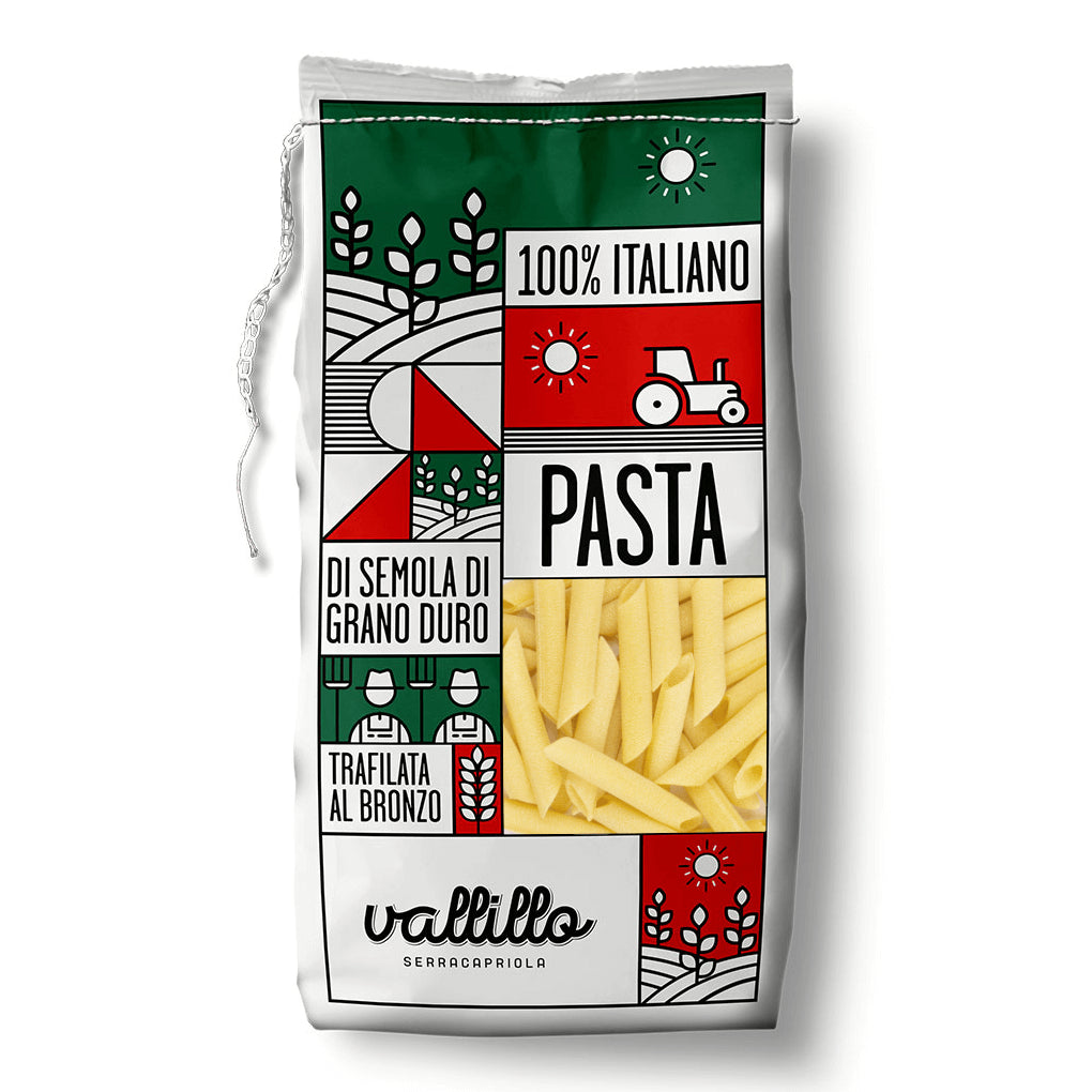 Front of a Vallillo Penne Lisce pasta package with green, white, and red labeling.