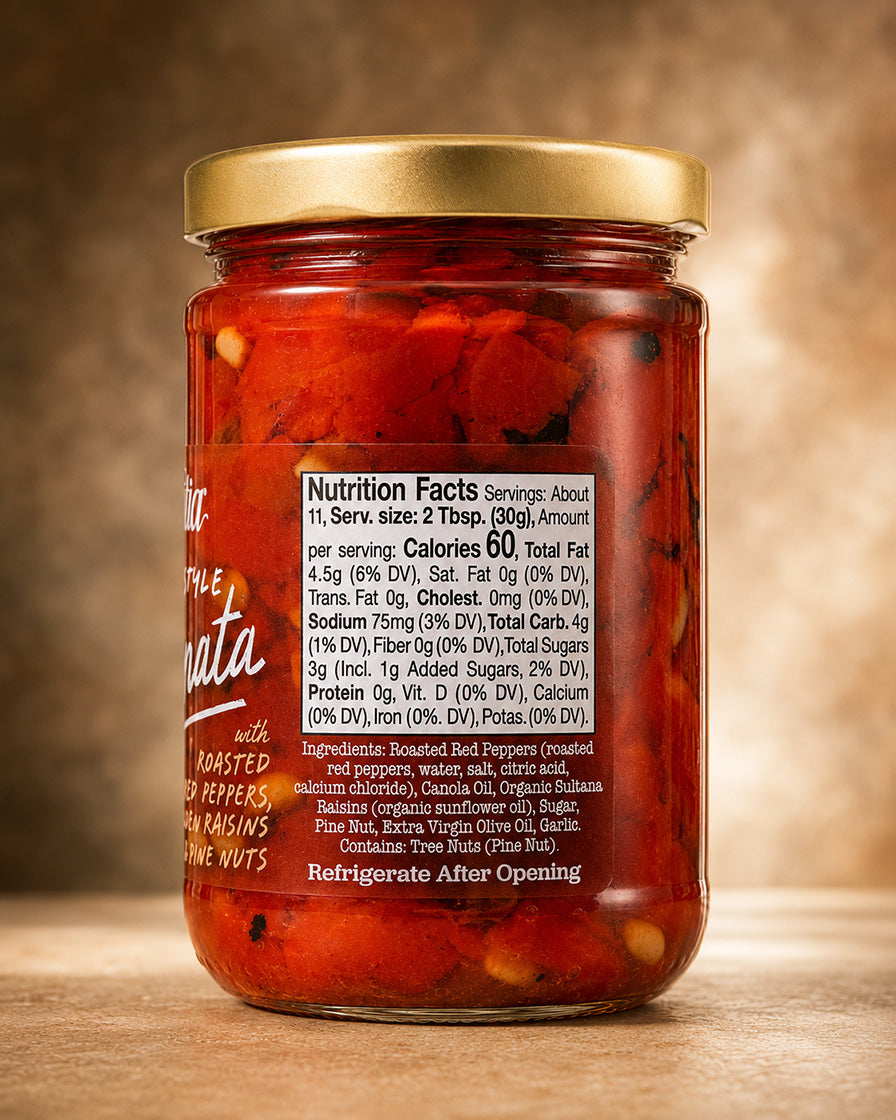 A jar of Vantia Sicilian-Style Peperonata, featuring roasted red peppers, golden raisins, and pine nuts in a clear glass jar  with a detailed nutrition facts panel.