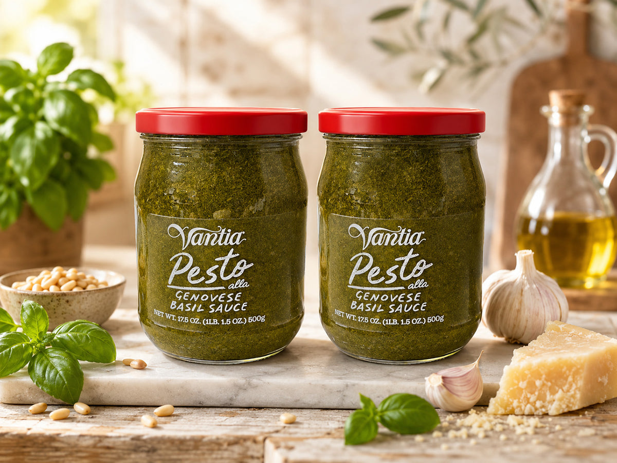 Two glass jars of Vanita Pesto Genovese Basil Sauce with red lids, displayed on a rustic wooden table with fresh basil, garlic, parmesan, and a bottle of olive oil.