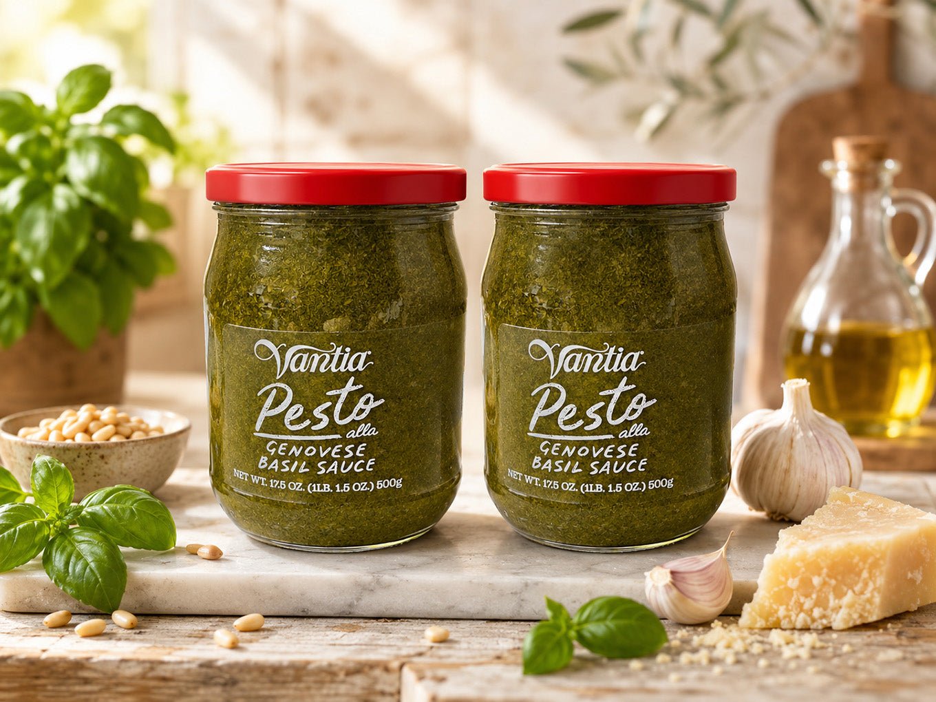 Two glass jars of Vanita Pesto Genovese Basil Sauce with red lids, displayed on a rustic wooden table with fresh basil, garlic, parmesan, and a bottle of olive oil.