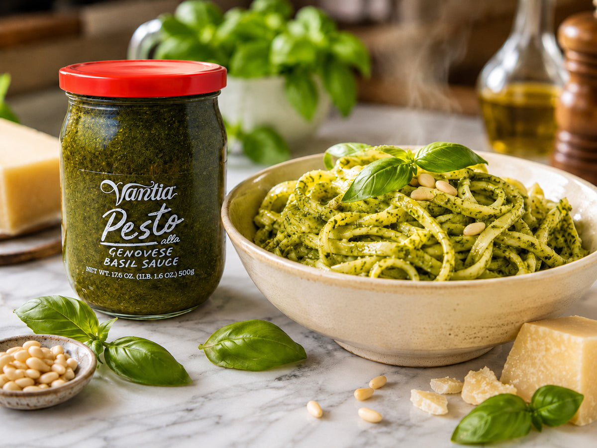 A Jar of Vantia Pesto next to a bowl of pasta.