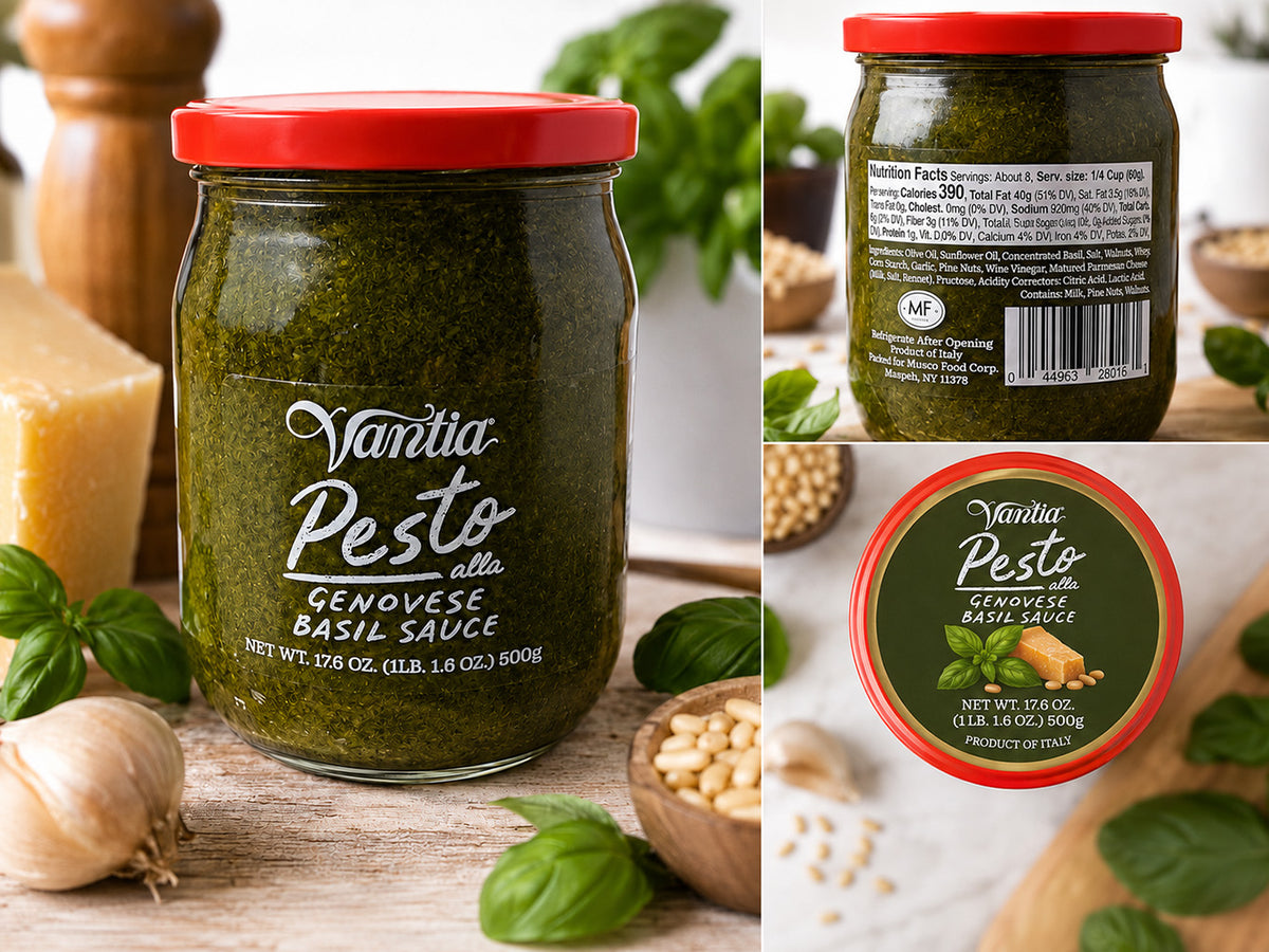 A jar of Vantia Pesto Genovese Basil Sauce shown in a collage with front, back, and top views. The jar contains dark green basil pesto and has a red lid.