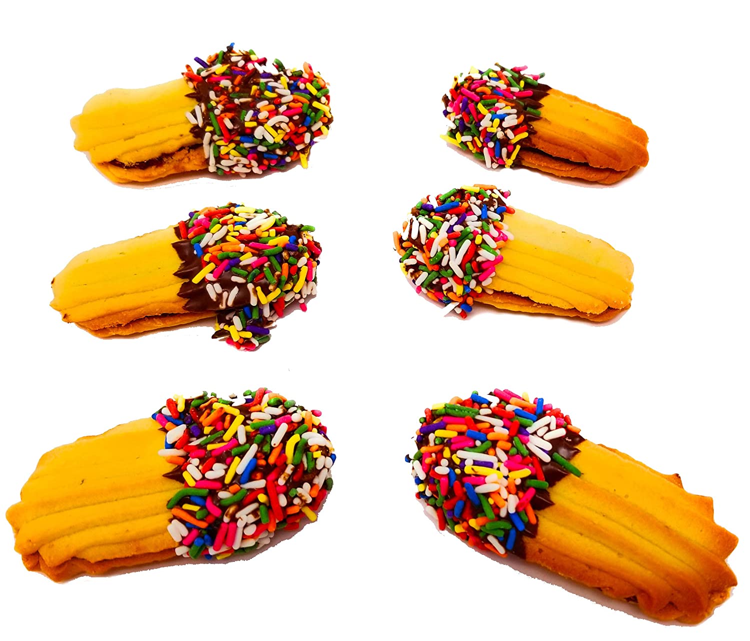 A set of chocolate-dipped raspberry sandwich cookies with multicolored sprinkles on top, baked in Brooklyn.