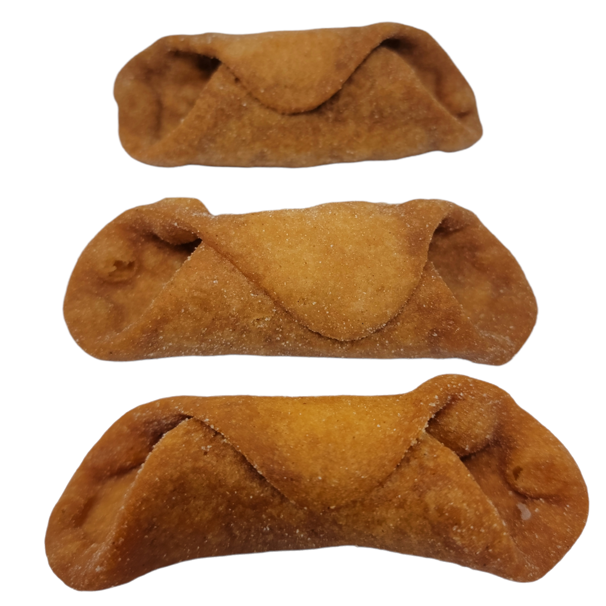 Three unfilled Natisani gluten-free mini cannoli shells on a white background