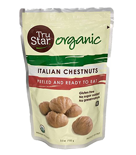 Packaging of TruStar Organic Italian Chestnuts, indicating that they are peeled and ready to eat, along with symbols for organic, kosher, and gluten-free certifications.