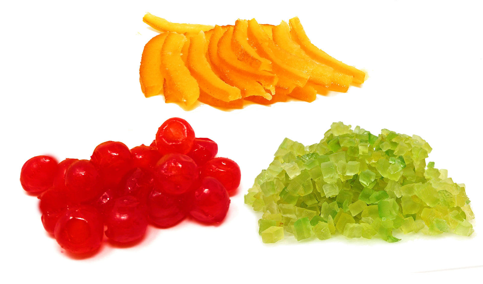 Fresh Assorted Sicilian Candied Fruit - Cherry, Orange and Citron Italian Import. - Frank and Sal Bakery.. Half Pound Each