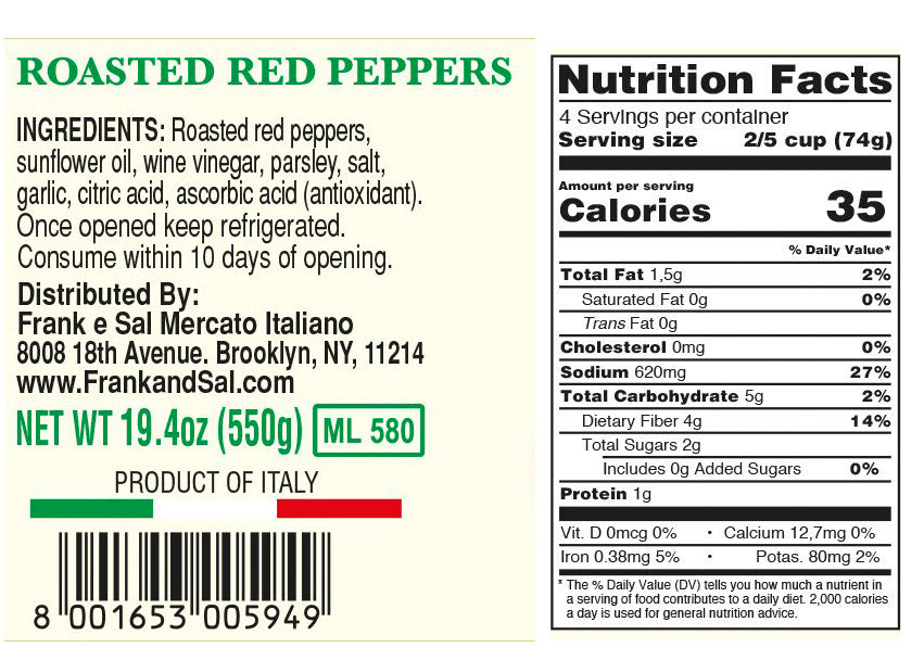 Nutrition Frank and Sal Red Roasted peppers