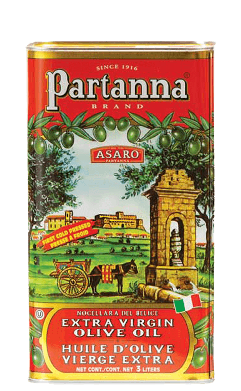 Partanna extra virgin olive oil, front label of the 3-liter tin.